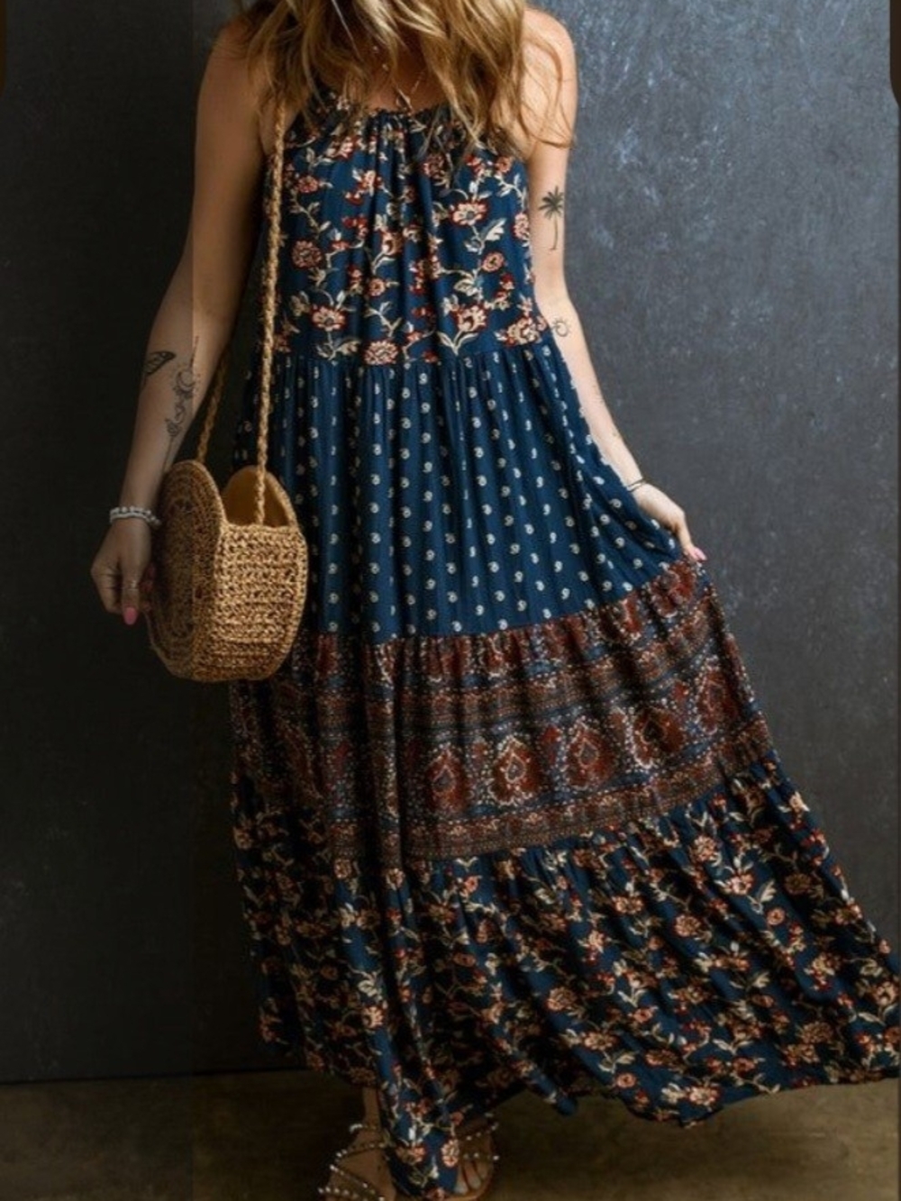 Wonderly Navy Floral Boho Tiered Maxi Dress